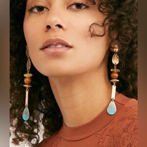 Free People Gold-Tone Drop Earrings with Turquoise Teardrop and Wood Accents